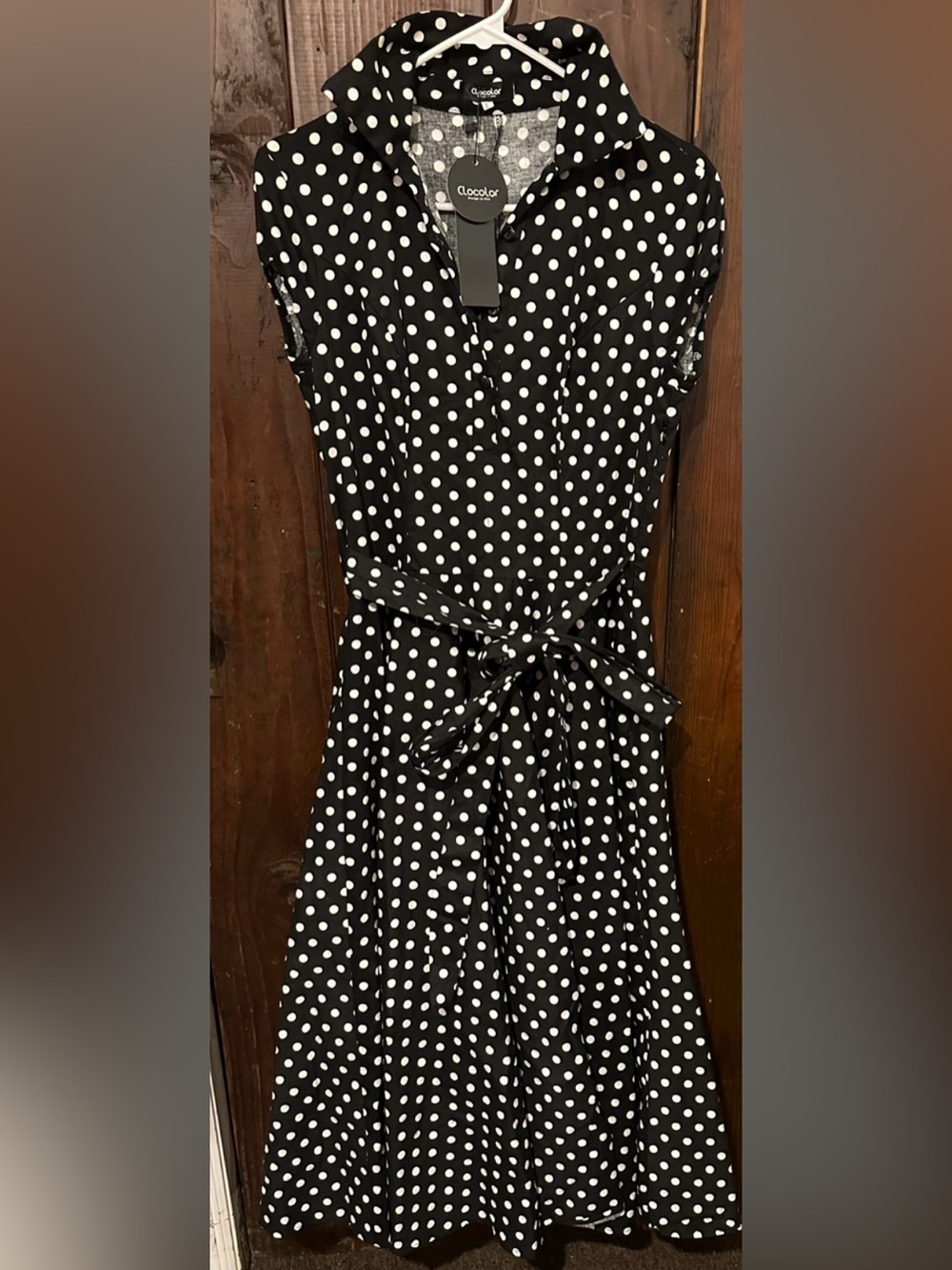 Clocolor dress black white polka dot women's L belt NWT!
